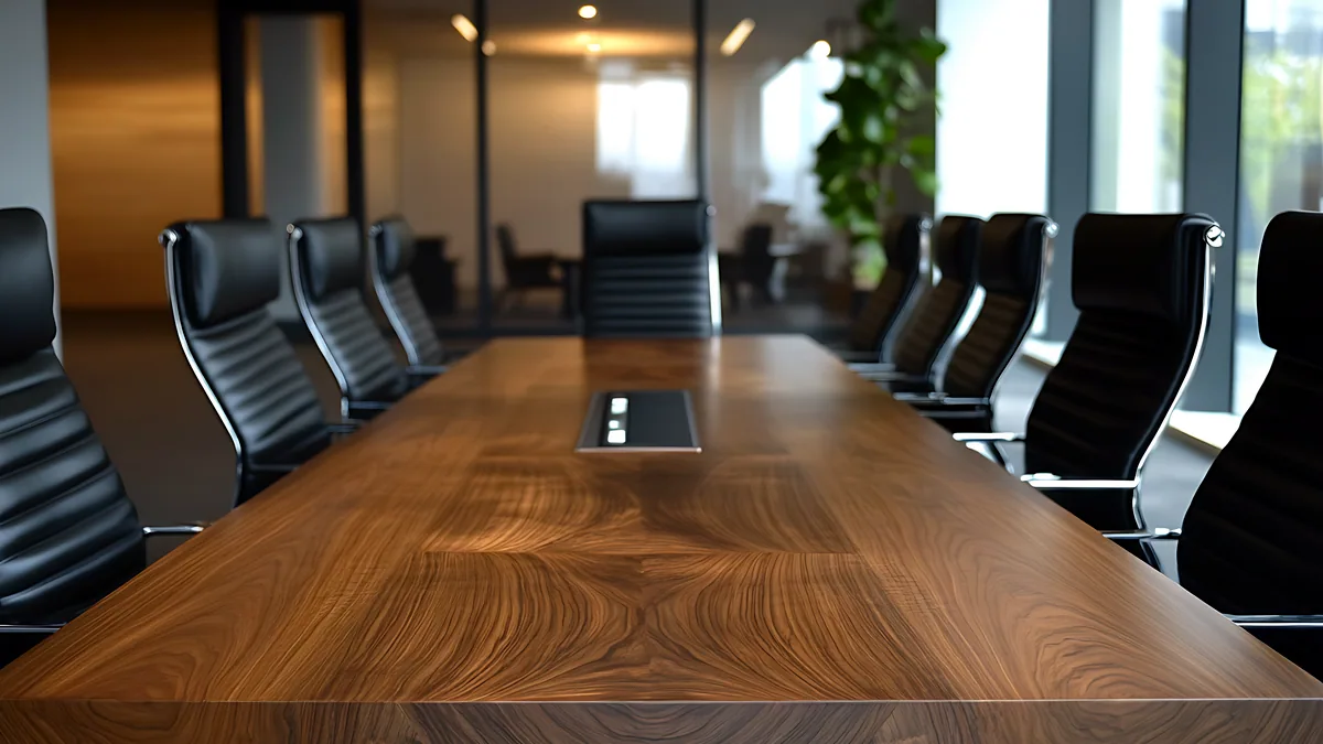A long wooden conference table with empty chairs in a bright meeting room.