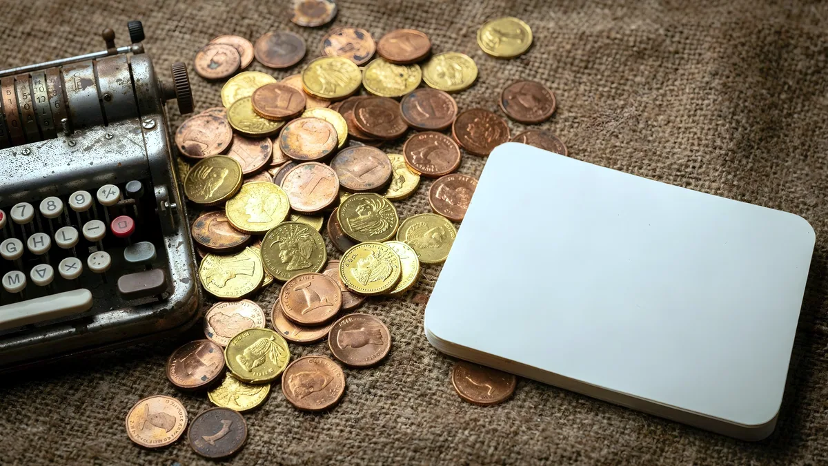 A vintage desk calculator beside a few coins on a wood table in soft light.