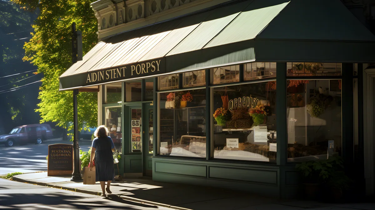A striped grocery store awning over an open door with morning light on the pavement.