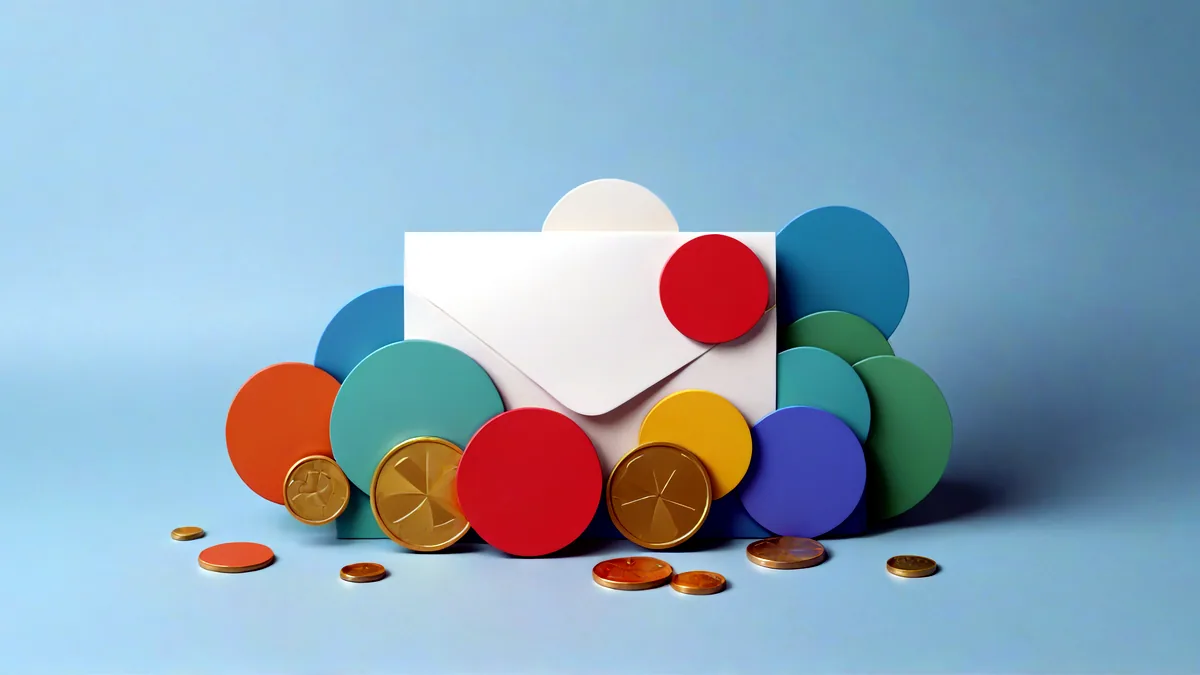 A small stack of coins beside a sealed envelope on a light table in soft light.